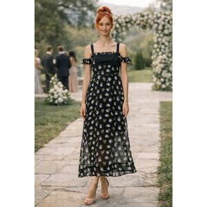 Maeve Sheer Floral Midi Dress M NWT Square Neck Off Shoulder Smocked Back Prom